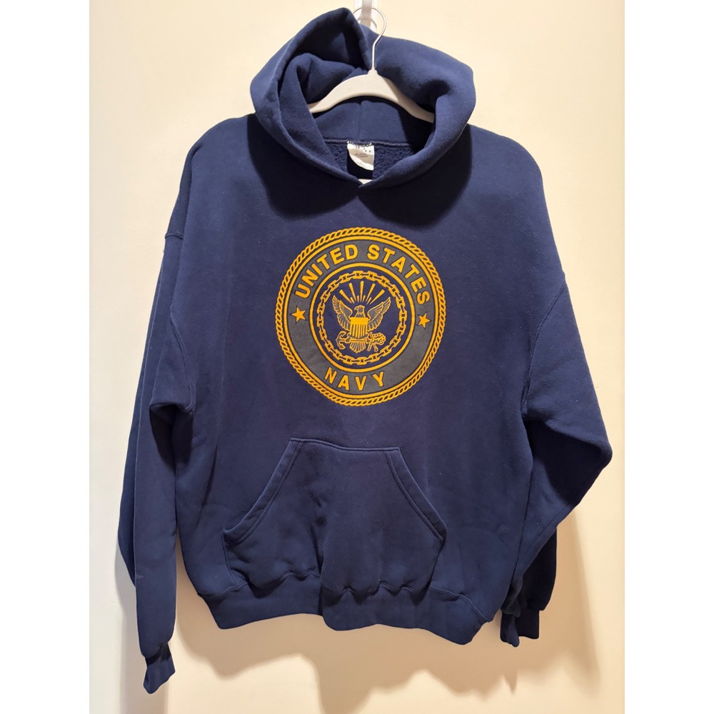 Vintage MJ Soffe US Navy Hoodie Blue Yellow Made in USA Mens Large Pullover - Picture 3 of 9